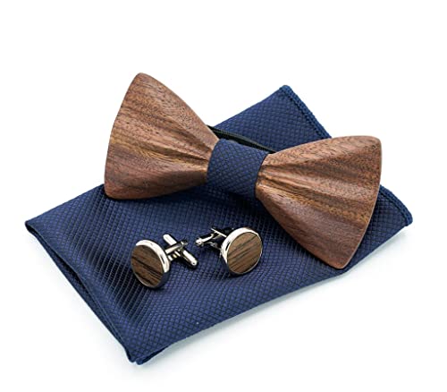 Woodenlove Kinderholzfliege Goofy aus Walnussholz Holzfliege-Manschettenknöpfe-Einstecktuch-Geschenkbox für Jungen (Navy Blau) von Woodenlove