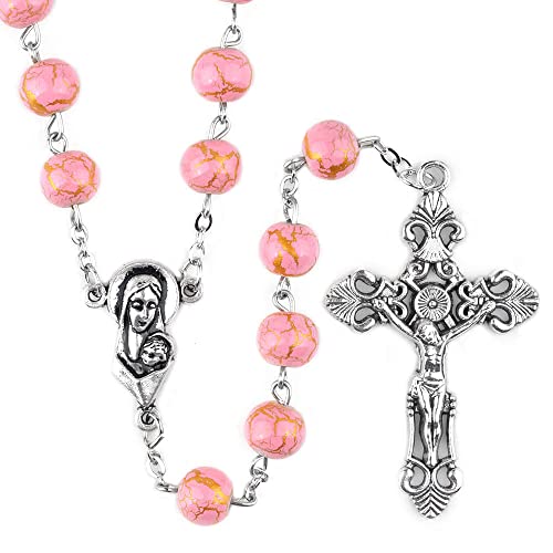 Rosenkranz-Perlen mit Madonna und Kind, gesegnete Jungfrau Mutter Maria katholische religiöse 7 mm Steinperlen von Woodington's