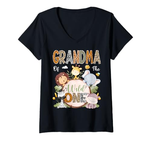 Damen Grandma of The Wild One 1. Geburtstag Safari Dschungeltiere T-Shirt mit V-Ausschnitt Damen Grandma of The Wild One 1. Geburtstag Safari Dschungeltiere T-Shirt mit V-Ausschnitt von Woodland Animal 1St Birthday Matching