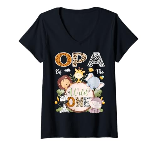 Damen Opa of The Wild One 1. Geburtstag Safari Dschungeltiere T-Shirt mit V-Ausschnitt Damen Opa of The Wild One 1. Geburtstag Safari Dschungeltiere T-Shirt mit V-Ausschnitt von Woodland Animal 1St Birthday Matching