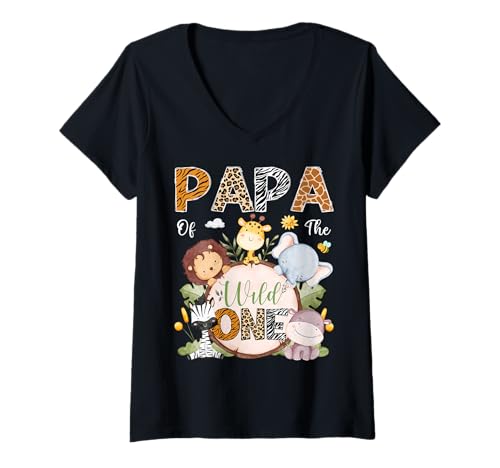 Damen Papa of The Wild One 1. Geburtstag Safari Dschungeltiere T-Shirt mit V-Ausschnitt Damen Papa of The Wild One 1. Geburtstag Safari Dschungeltiere T-Shirt mit V-Ausschnitt von Woodland Animal 1St Birthday Matching