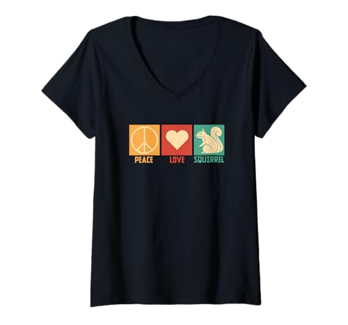 Damen Lustiger Eichhörnchen-Liebhaber, Retro, Frieden, Liebe, Wald, Humor, Wildlife T-Shirt mit V-Ausschnitt Damen Lustiger Eichhörnchen-Liebhaber, Retro, Frieden, Liebe, Wald, Humor, Wildlife T-Shirt mit V-Ausschnitt von Woodland Animal Watching Rodent Nature Jokes