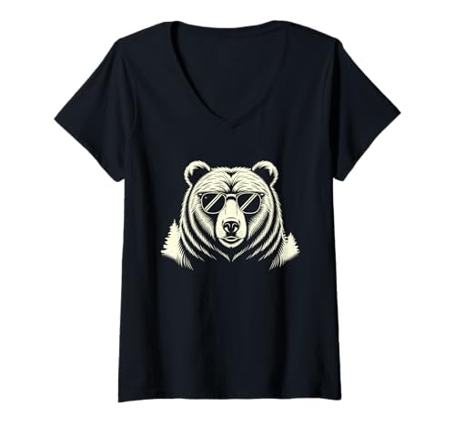 Damen Bär mit Sonnenbrille Silhouette und Waldreflexion T-Shirt mit V-Ausschnitt Damen Bär mit Sonnenbrille Silhouette und Waldreflexion T-Shirt mit V-Ausschnitt von Woodland Cool Co.