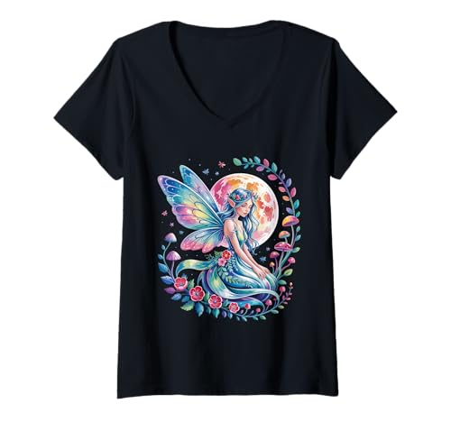 Damen Verzauberte Waldfee, Fantasie, mystischer Schmetterling und Blumen T-Shirt mit V-Ausschnitt Damen Verzauberte Waldfee, Fantasie, mystischer Schmetterling und Blumen T-Shirt mit V-Ausschnitt von Woodland Fairycore & Mystical Nature