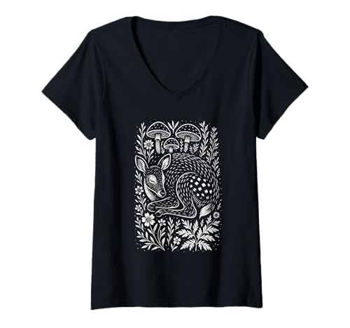 Damen Volkskunst Hirsch Wald Naturliebhaber Wildtierfans T-Shirt mit V-Ausschnitt Damen Volkskunst Hirsch Wald Naturliebhaber Wildtierfans T-Shirt mit V-Ausschnitt von Woodland Folk Art Animal Nature Deer Illustrations