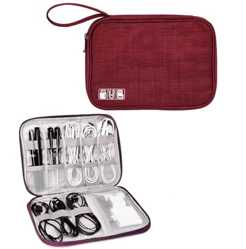 Woodland Kabeltasche und Kabel-Organizer-Tasche ist ein Reise-Organizer für Ladegeräte, Kabel, USB-Laufwerk, SD-Karte, Powerbank und Festplatte mit Griff (rot, klein) von Woodland Leather