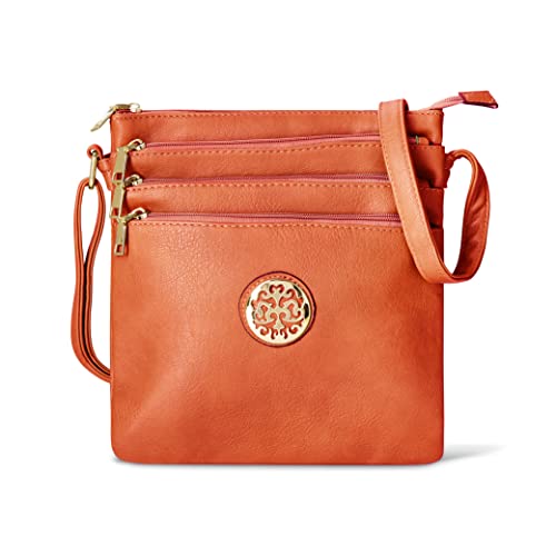 Woodland Leather Crossbody-Taschen für Damen, Multi-Reißverschluss, geräumige Umhängetasche für Damen mit verstellbarem Crossbody-Riemen, Orange, H26cmxW23cmxD9cm von Woodland Leathers