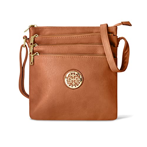 Woodland Leather Crossbody-Taschen für Damen, Multi-Reißverschluss, geräumige Umhängetasche für Damen mit verstellbarem Crossbody-Riemen, braun, H26cmxW23cmxD9cm Woodland Leather Crossbody-Taschen für Damen, Multi-Reißverschluss, geräumige Umhängetasche für Damen mit verstellbarem Crossbody-Riemen, braun, H26cmxW23cmxD9cm von Woodland Leather