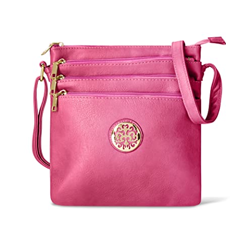 Woodland Leather Crossbody-Taschen für Damen, Multi-Reißverschluss, geräumige Umhängetasche für Damen mit verstellbarem Crossbody-Riemen, rose, H26cmxW23cmxD9cm von Woodland Leather