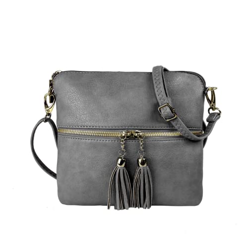 Woodland Leather Crossbody-Taschen für Frauen, Designer-Kunstleder, kleine Umhängetasche für Frauen mit verstellbarem Riemen, Damen mehrere Fächer Messenger Bag, grau, Small (21.5x21.5 cm) von Woodland Leather