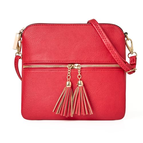 Woodland Leathers Crossbody Taschen für Frauen, Designer Kunstleder Kleine Umhängetasche für Frauen mit verstellbarem Riemen, Damen Mehrere Fächer Messenger Bag, rot, Small (21.5x21.5 cm) von Woodland Leather