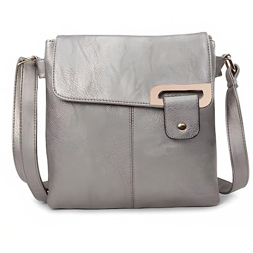 Woodland Leather Damen Crossbody Schultertasche Messenger Bag Mehrere Einschub- und Reißverschlusstaschen Handtasche mit Aufbewahrungstasche, silbergrau, 27x26.5 CM von Woodland Leather