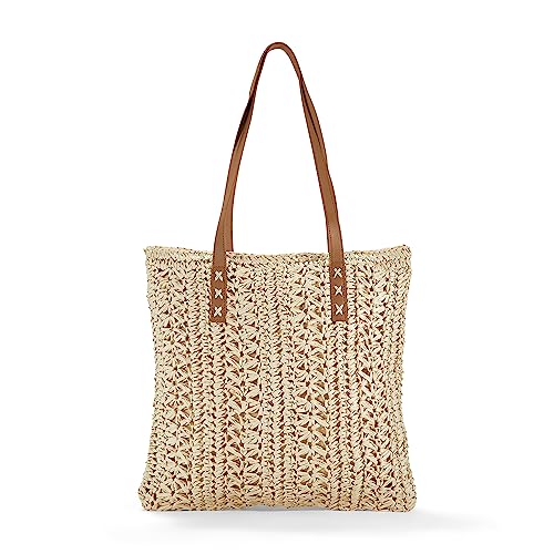 Woodland Leathers Damen Stroh Umhängetasche Mittelgroße & Große Sommer Strand Tote mit Reißverschluss Langlebige Ledergriffe Frauen Urlaub Umhängetasche mit Vielseitige Stile und Farben, 05_beige von Woodland Leather