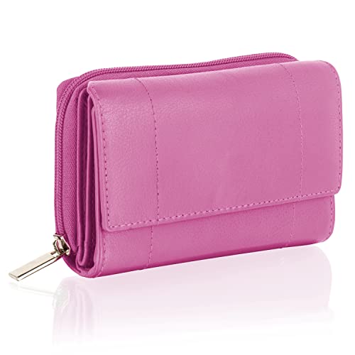 Woodland Leather Geldbörsen, echtes Leder, RFID-Schutz, kleine Geldbörse mit Karten- und Reißverschluss-Münzfächern für Damen (Fuchsia) von Woodland Leather