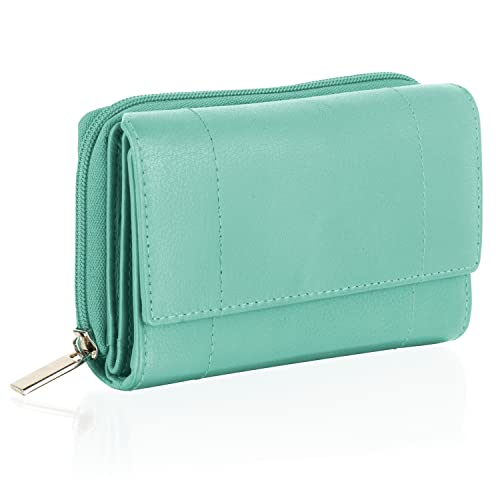 Woodland Leather Geldbörsen, echtes Leder, RFID-Schutz, kleine Geldbörse mit Karten- und Reißverschluss-Münzfächern für Damen (Türkis) von Woodland Leather