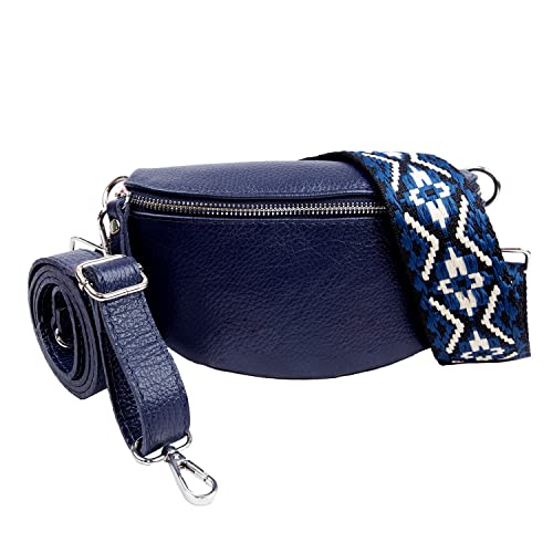 Woodland Leathers Umhängetasche und Crossbody-Tasche aus echtem italienischem Leder für Damen, mit 2 Riemen, Leder-Umhängetasche, Brusttasche, Umhängetasche, Bauchtasche, navy, With Two Straps, von Woodland Leather