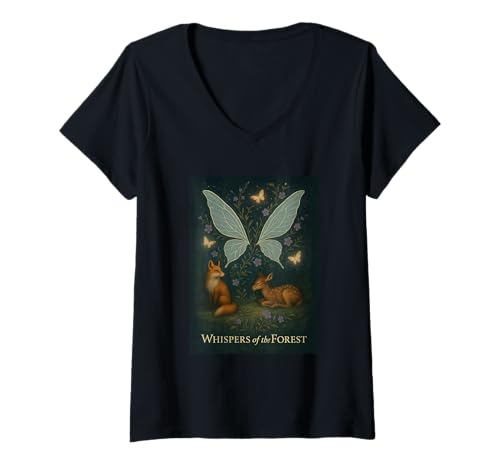 Damen Whispers of The Forest Bezauberndes Feendesign T-Shirt mit V-Ausschnitt Damen Whispers of The Forest Bezauberndes Feendesign T-Shirt mit V-Ausschnitt von Woodland Magical Scenes