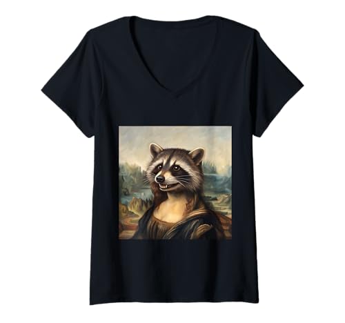 Damen Mona Lisa inspiriertes Waschbär-Porträt, Renaissance-Stil, Parodie T-Shirt mit V-Ausschnitt Damen Mona Lisa inspiriertes Waschbär-Porträt, Renaissance-Stil, Parodie T-Shirt mit V-Ausschnitt von Woodland Masterpiece Co