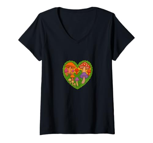 Damen Moos und Pilz Herz Natur Wald Ästhetik T-Shirt mit V-Ausschnitt Damen Moos und Pilz Herz Natur Wald Ästhetik T-Shirt mit V-Ausschnitt von Woodland Whimsy Studio