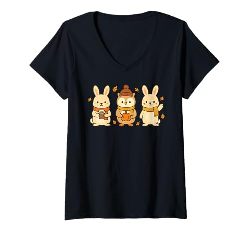 Damen Hasen und Eulen im Herbst Schals mit Kaffee und Kürbissen T-Shirt mit V-Ausschnitt Damen Hasen und Eulen im Herbst Schals mit Kaffee und Kürbissen T-Shirt mit V-Ausschnitt von Woodland Whimsy Wear
