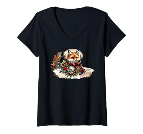 Damen Gemütlicher Winterfuchs mit festlichem Urlaubsanhänger T-Shirt mit V-Ausschnitt Damen Gemütlicher Winterfuchs mit festlichem Urlaubsanhänger T-Shirt mit V-Ausschnitt von Woodland Winter Wonders Apparel Home And More