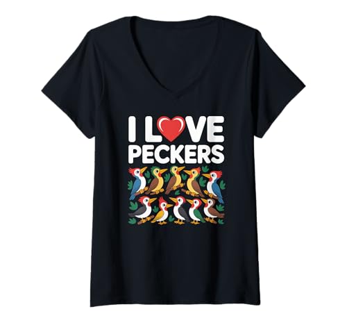Damen I Love Peckers Lustiges Vogel-Liebhaber-Design T-Shirt mit V-Ausschnitt Damen I Love Peckers Lustiges Vogel-Liebhaber-Design T-Shirt mit V-Ausschnitt von Woodpecker Enthusiasts Funny Bird Lovers