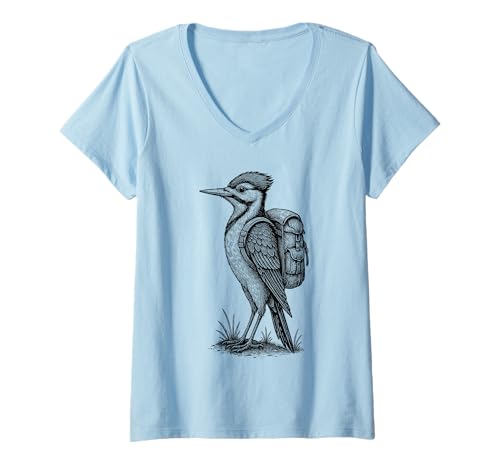 Damen Wandern Specht Rucksackreisen Lustig Wald Wildnis Tier T-Shirt mit V-Ausschnitt Damen Wandern Specht Rucksackreisen Lustig Wald Wildnis Tier T-Shirt mit V-Ausschnitt von Woodpecker Hiker Trekking Cottagecore Merch.