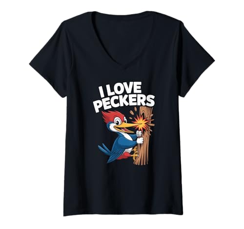 Damen I Love Peckers Lustiger Spechtliebhaber Humor T-Shirt mit V-Ausschnitt von Woodpecker Humor Enthusiast Fun Design