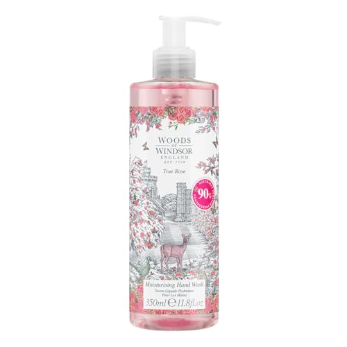 Woods of Windsor Rose Hand Wash, Feuchtigkeitsspendende Seife mit Noten von Rose Otto und Damaszener Rose, Flüssige Handseife mit Pumpe zum Erweichen und Befeuchten der Haut, Echter Rosenduft, 350 ml von Woods of Windsor