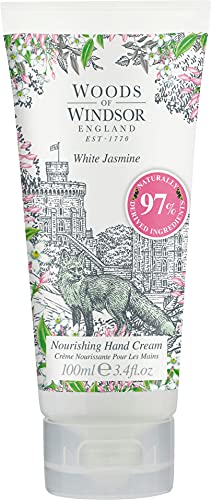 Woods of Windsor Handcreme, pflegende Jasmin-Handcreme für Männer und Frauen, feuchtigkeitsspendende Handcreme mit Vitamin E und Sheabutter, weißer Jasminduft, 100 ml von Woods of Windsor