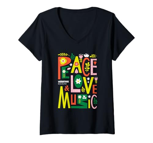 Damen Woodstock Peace Love Music T-Shirt mit V-Ausschnitt Damen Woodstock Peace Love Music T-Shirt mit V-Ausschnitt von Woodstock Chimes