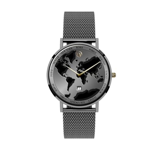 Woodstock Zambon® Umbral Journey Armbanduhr, wasserdicht, 40 mm, Weltkarten-Design, Quarzuhrwerk, verstellbares Armband, Eleganz, für Reisende, Schwarz , Minimalistisch von Woodstock Zambon