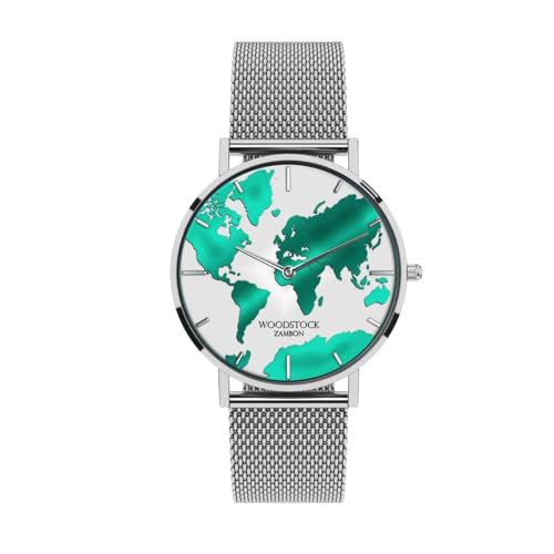 Woodstock Zambon Wasserdichte Uni-Uhr Sea Water – Zifferblatt weiß und blaugrün, Gehäuse aus Edelstahl und verstellbares Armband, Schwarz und Roségold, Minimalistisch von Woodstock Zambon