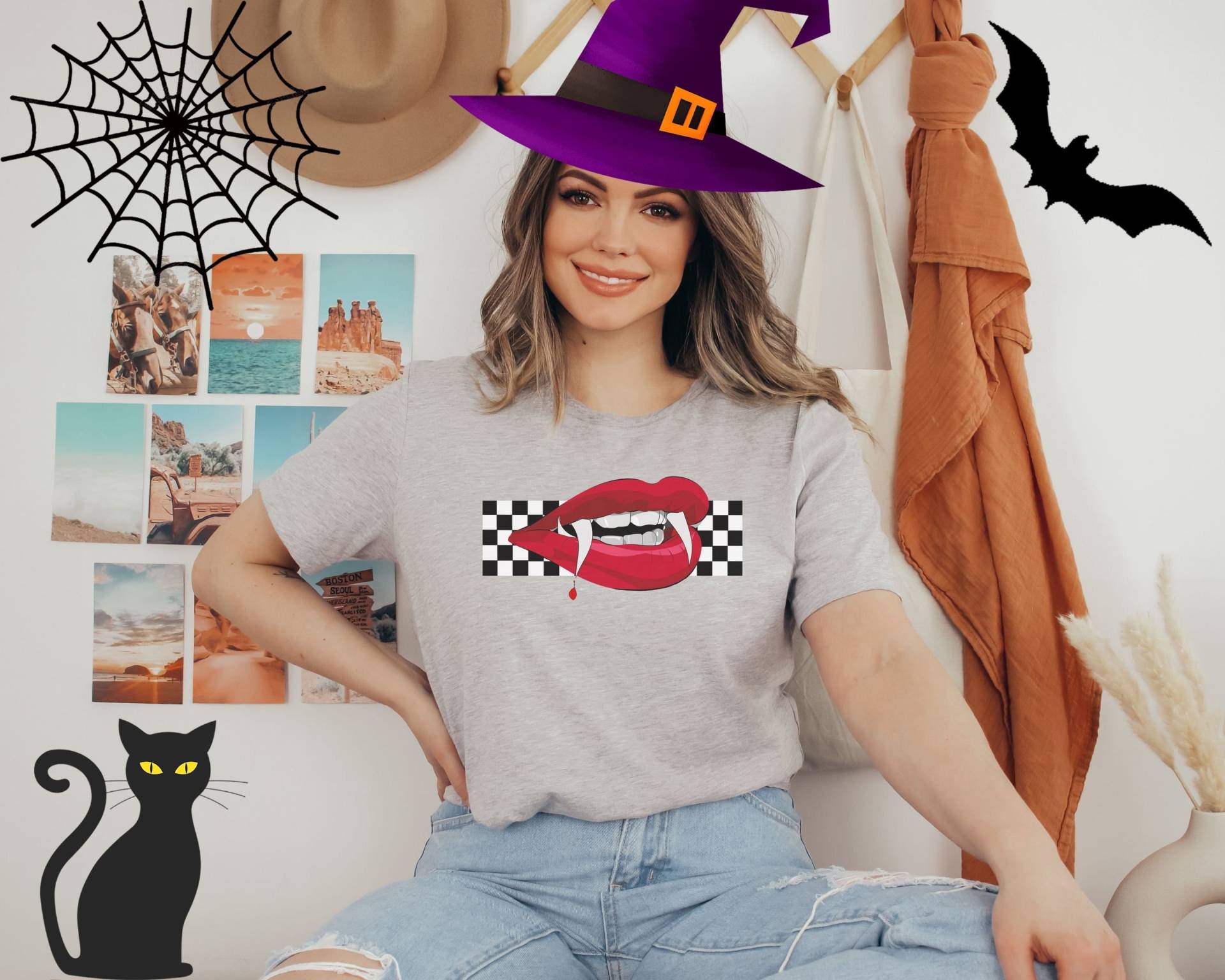 Halloween Rote Vampir Lippen Schachbrett Unisex Shirt von WoodstocksKreationen