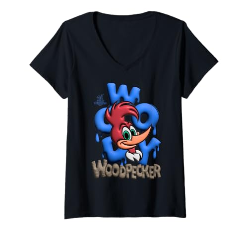 Damen Woody Woodpecker Blue Graffiti Pop Style T-Shirt mit V-Ausschnitt Damen Woody Woodpecker Blue Graffiti Pop Style T-Shirt mit V-Ausschnitt von Woody Woodpecker