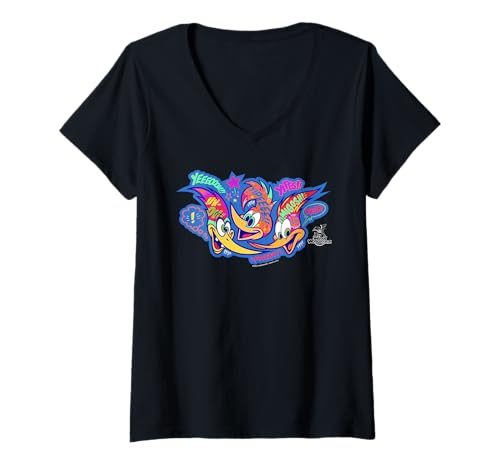 Damen Woody Woodpecker Neon Street Style Catchphrases T-Shirt mit V-Ausschnitt Damen Woody Woodpecker Neon Street Style Catchphrases T-Shirt mit V-Ausschnitt von Woody Woodpecker