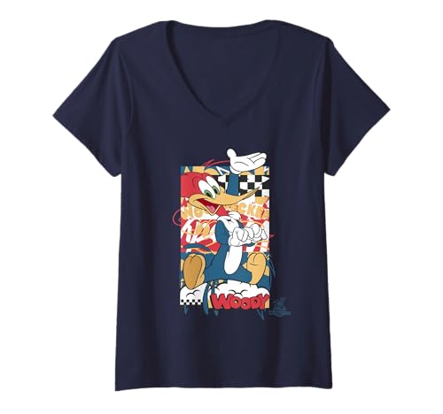 Damen Woody Woodpecker Racing Street Style T-Shirt mit V-Ausschnitt Damen Woody Woodpecker Racing Street Style T-Shirt mit V-Ausschnitt von Woody Woodpecker