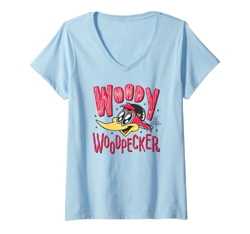 Damen Woody Woodpecker Wood Carved Style Logo T-Shirt mit V-Ausschnitt Damen Woody Woodpecker Wood Carved Style Logo T-Shirt mit V-Ausschnitt von Woody Woodpecker