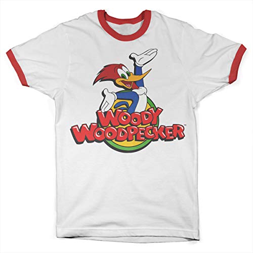 Woody Woodpecker Offizielles Lizenzprodukt Classic Logo Ringer Herren T-Shirt (Weiß-Rot), Large von Woody Woodpecker