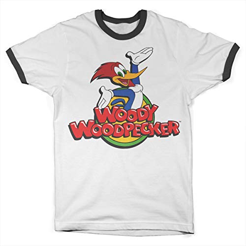 Woody Woodpecker Offizielles Lizenzprodukt Classic Logo Ringer Herren T-Shirt (Weiß-Schwarz), Large von Woody Woodpecker