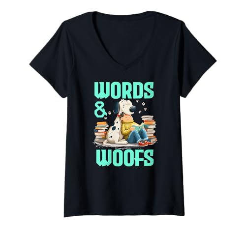 Damen Words and woofs T-Shirt mit V-Ausschnitt von Woofs Words Dog Bookmark Read Book Paw Chew Toy