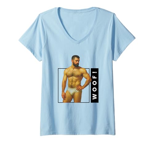 Damen Woof Beefcake Bär Retro Gay Pride Queer Masculinity Art T-Shirt mit V-Ausschnitt von WoofyBriefs