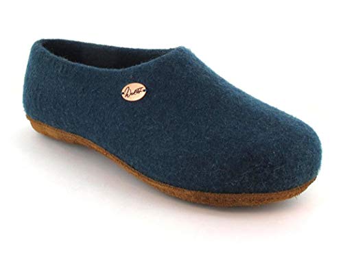 WoolFit Classic - Damen & Herren Filz-Slipper mit erhöhter Ferse - kunstvoll handgefilzt, extra weich mit vegetabiler Leder-Sohle, blau, 44 von WoolFit