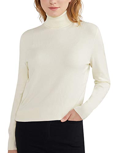 Woolen Bloom Rollkragenpullover Damen Strickpullover Stretch Pullover in Weich Feinstrick Elegant Stehkragen Strickpulli Langarm Rolli Sweater für Herbst Winter, Elfenbeinweiß, L von Woolen Bloom