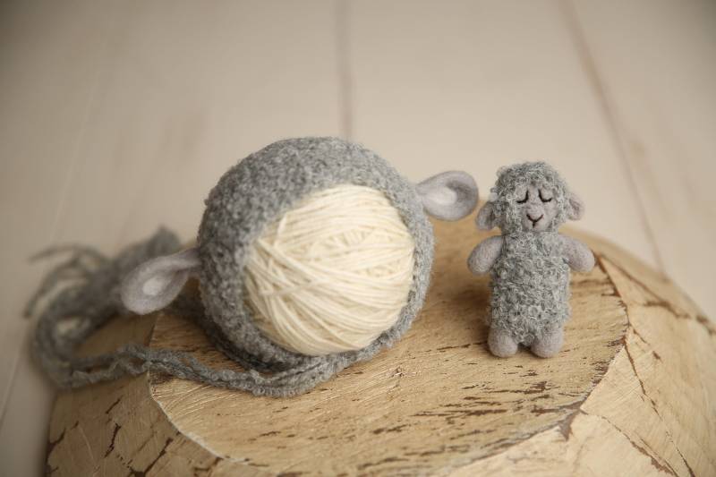 Lammmütze Und Kuscheltier Set Graue Neugeborenen Fotorequisite von WooleyDreams