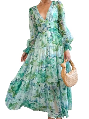 Woolicity Boho Kleid Damen V Ausschnitt Langarm Blumenkleid Strandkleid Damen Lang Schicke Sommerkleider von Woolicity