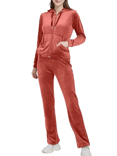 Woolicity Damen Hausanzug Velours Nicki Freizeitanzug Trainingsanzug Set Sportanzug Jogginganzug Schlafanzug mit Reißverschluss Oberteil und Hose Set Gebranntes Orange L von Woolicity
