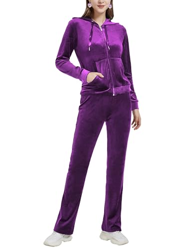 Woolicity Damen Hausanzug Velours Nicki Freizeitanzug Trainingsanzug Set Sportanzug Jogginganzug Schlafanzug mit Reißverschluss Oberteil und Hose Set Lila XL von Woolicity