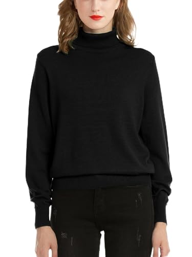 Woolicity Damen Langarm Rollkragenpullover Classic Slim Fit Leichter Strickpullover Einfarbig Rollkragen Sweater Rollneck Pullover, Schwarz, X-Large von Woolicity