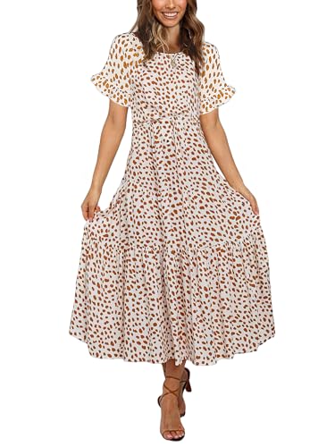 Woolicity Damen Lange Kleid Blumenmuster Freizeitkleider Kurzarm Abendkleid Rüschen Freizeitkleider Weiß L von Woolicity